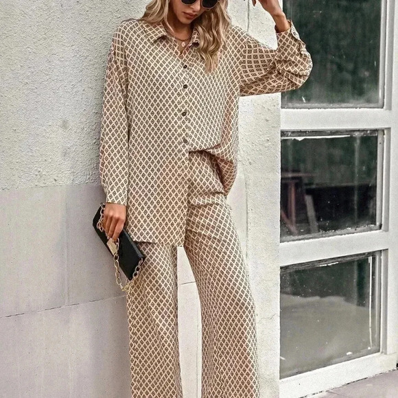 . Tops - Apricot Casual Womens Allover Print Drop Shoulder Shirt & Wide Leg Pants